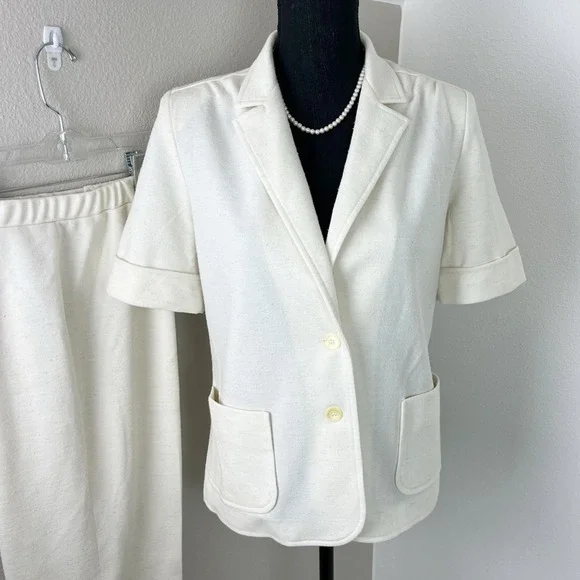 Retro Vintage Power Suit White 70s Wide Leg Pantsuit Short Sleeve Jacket Blazer - Picture 1 of 5